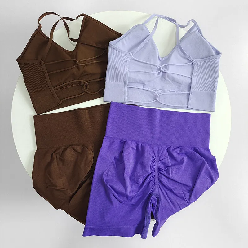 Ladies 2PCS Fitness Set Breathable High Waist Butt Lifting Shorts Backless Sports Bra Active Wear