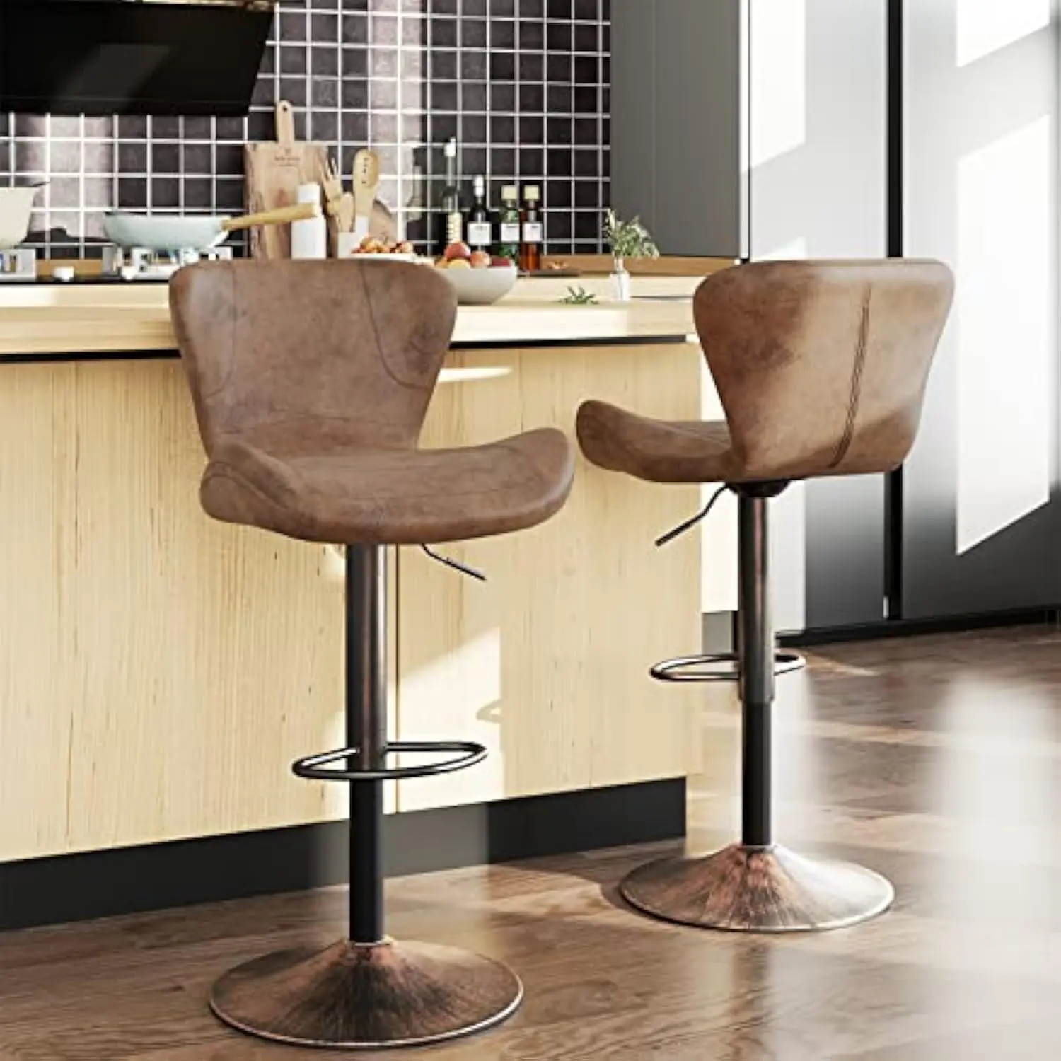

Bar Stools Set of 2 Adjustable Swivel Counter Height Barstools Bar Chairs with Backrest and Metal Frame Modern Faux Leather Ba