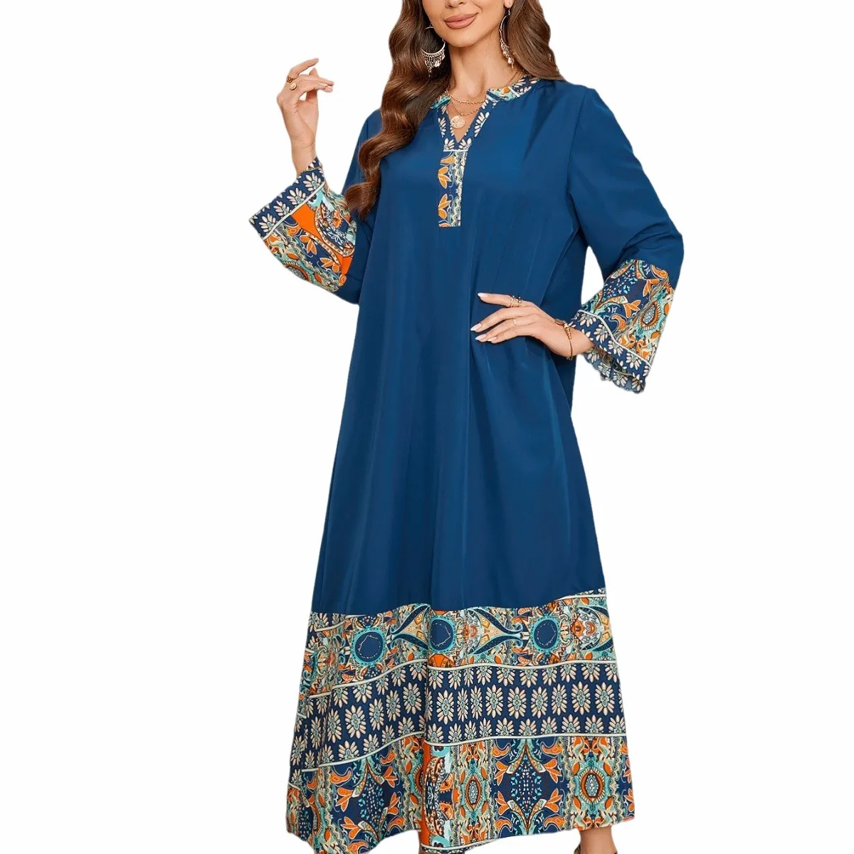 ชุดเดรสยาวพิมพ์ลาย V-Ne แบบต่อผ้า Dr Dubai Sle Mid-Sve Maxi Dr Faionable ชุดแสดงบนเวที เสื้อผ้าผู้หญิง