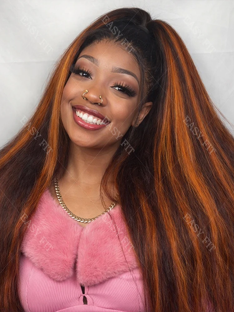 

# Распродажа: Новинка! Парик из натуральных волос 4/350 Brown Ginger Highlight Kinky Straight, без клея, 5x5, с улучшенной черно-красной расцветкой, 13x4 HD Lace Front Wig