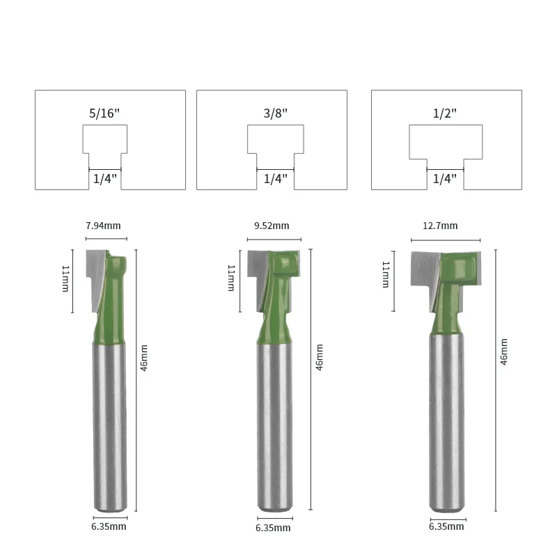 6Pcs /1PCS Green Double Edged Tungsten Steel Keyhole Router Bit Set T Slot Cutter For Photo Frame Hanging Hole Woodworking Tools