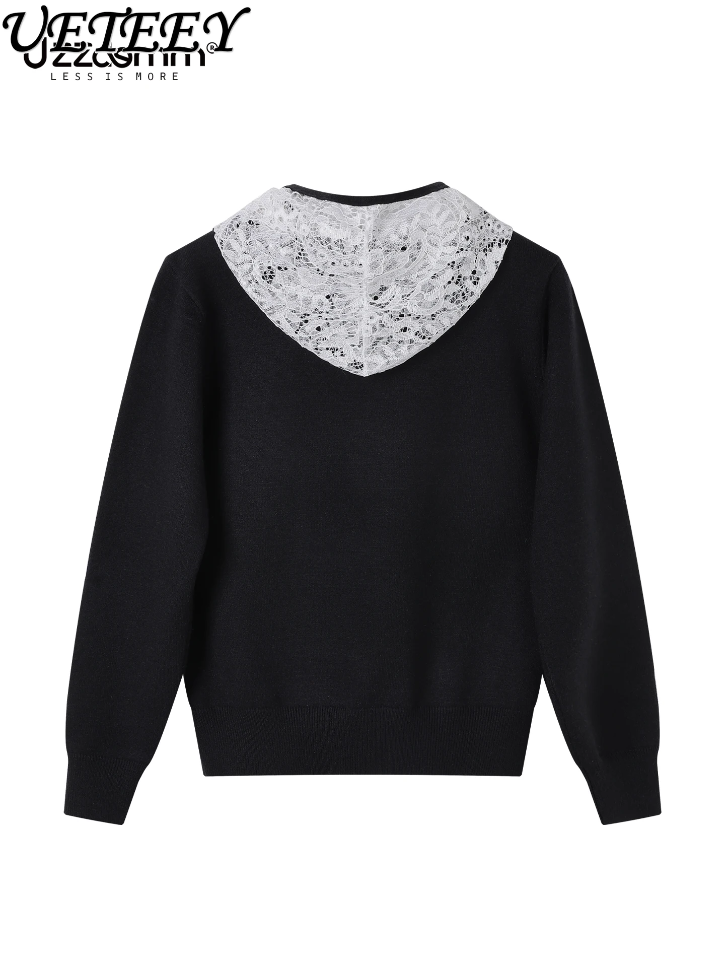 Metal Decoration Half Zip Lace Cap Spliced Knitted Pullover 2026 Spring and Autumn New Versatile Long Sleeve Top for Women