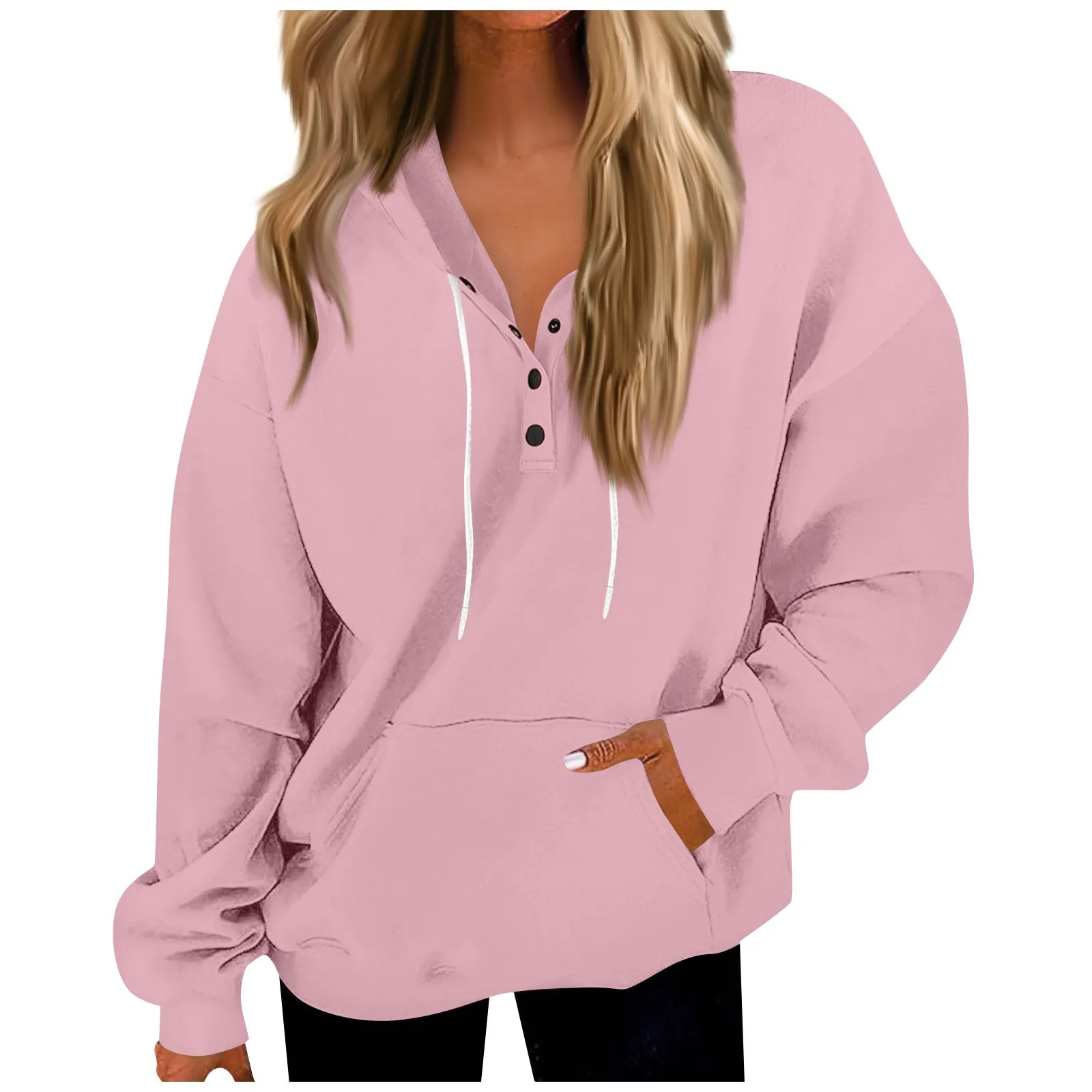 Ladies tops Casual Solid Color New Buttons V Neck Hoodies Autumn Winter Fashion Long Sleeves Pullovers Women's Sweatshirts