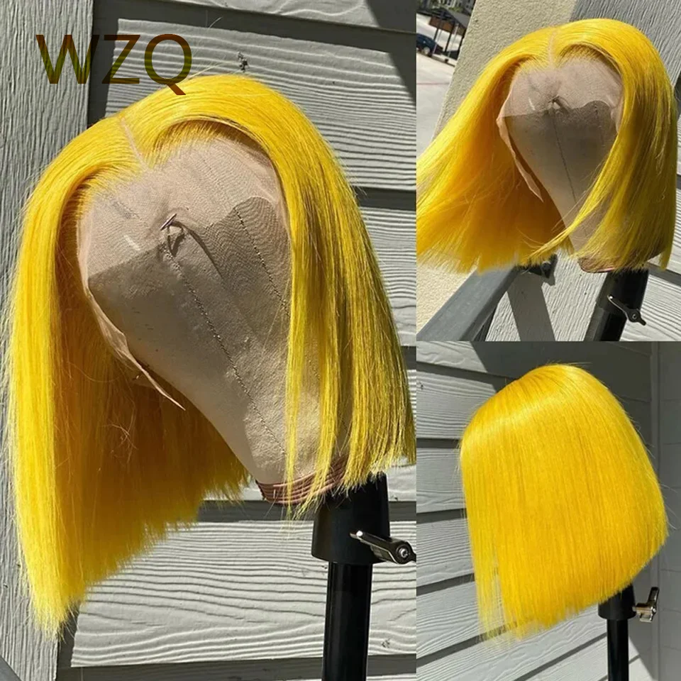 

Yellow Colored Short Bob Wig 13x4 Lace Front Wigs Human Hair Straight HD Transparent Lace Frontal Wig Pre Plucked 180% Density