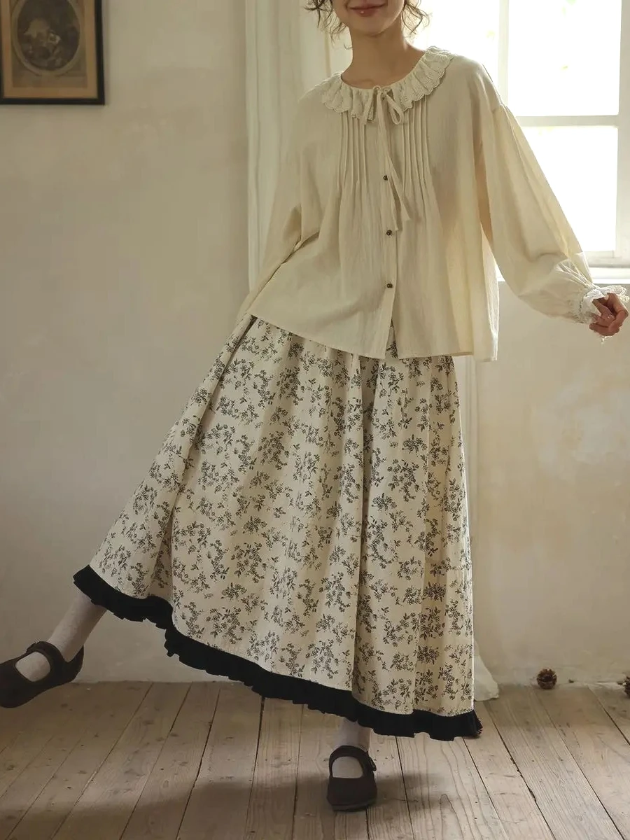 

Korean Sweet Young Women Winter Corduroy Floral Midi Skirt Lace Ruffle Retro Elastic Waisted Flowy Skirt Women Boho Trendy