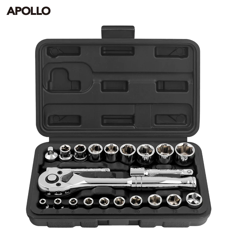 

Apollo 22 шт. 1/4 + 3/8 "привод 72T набор головок с храповым механизмом 4-17 мм с адаптерами, CR-V авторемонтный комплект для обслуживания двигателя/трансмиссии ​