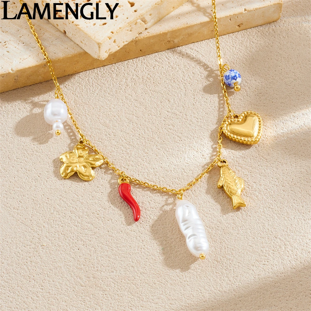

LAMENGLY 316L Stainless Steel Multiple Charm Flower Chili Heart Fish Pendant Necklace Women Creative Novel Neck Chain Party Gift