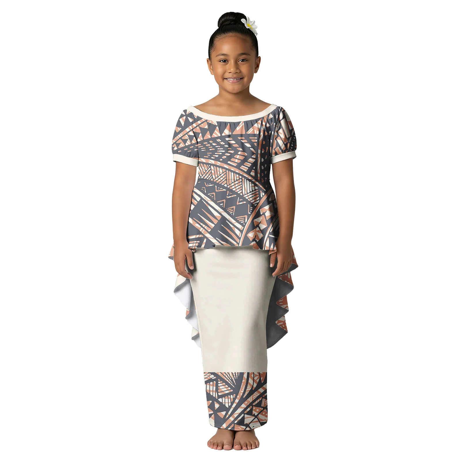 Cute Kid Boutique Clothes Custom Wear Polynesian Swallow-Tail Hem Skirt Aloha Dress Samoan Tribal Party Design Girl Puletasi Set