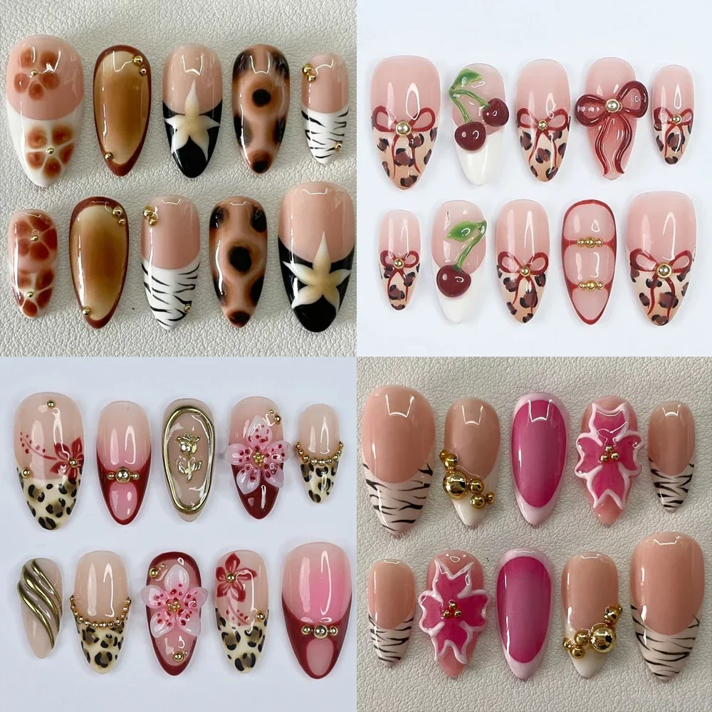 

10Pcs Handmade 3D Flowers Acrylic Almond Press On Nail Art Hand-Painted Leopard Print Cherry Bow Star Design French Fake Nails