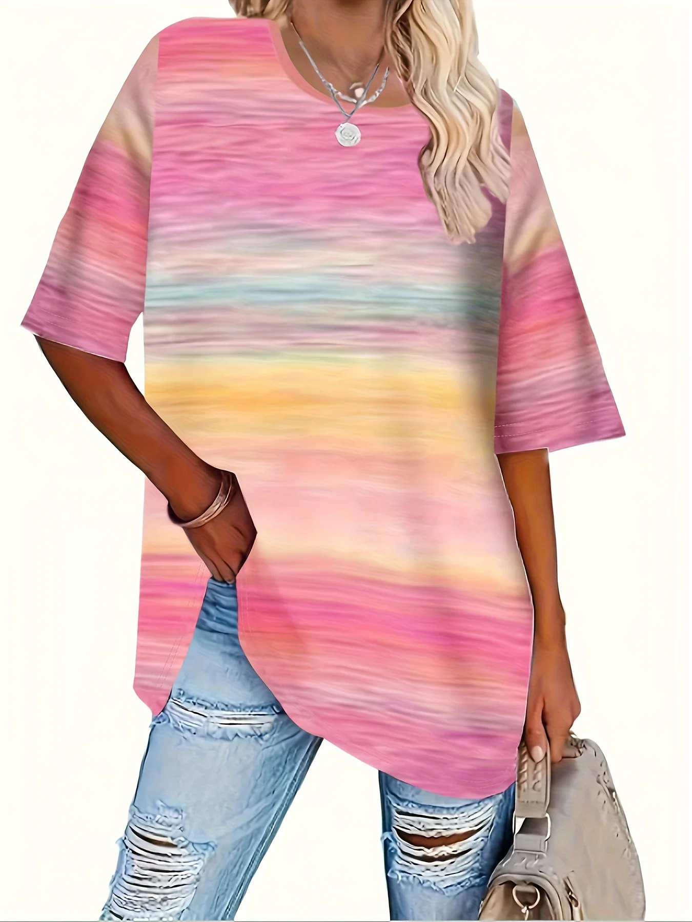 

Vibrant Plus Size Multicolor Striped Oversized T-Shirt with Half Sleeves for Casual Chic Look
