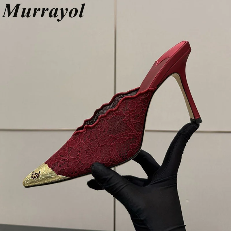 Stiletto Pointed Toe Mesh Thin High Heels Slippers Women Metal Decor Lazy Slippers Sandalias Mujer Summer Party Dress Shoes