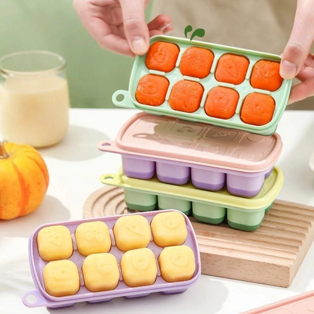 Portable Food Grade Silicone Ice Making Mold 8 Grid With Lid Ice Storage Boxes Cartoon Pattern Ice Cube Mould for Toddler Food