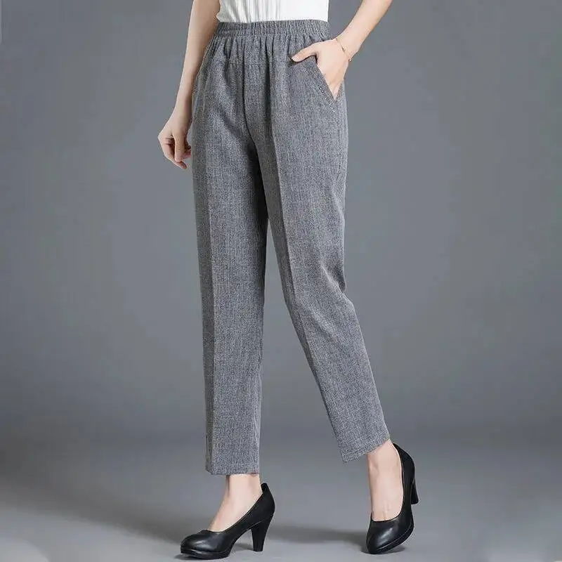

Women Straight Pants 2025 Spring Summer Elastic High Waist Pocket Female Soft Cropped Pants Casual Thin Cotton Linen Trousers