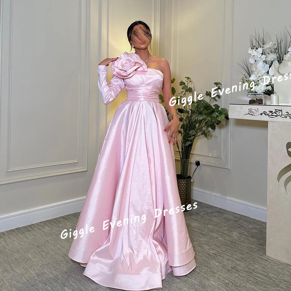 Giggle Satin One-Shoulder Pleating Flower Pretty Prom Gown Saudi Arab Elegance Floor-Length Evening Party Dresses for Women 2024