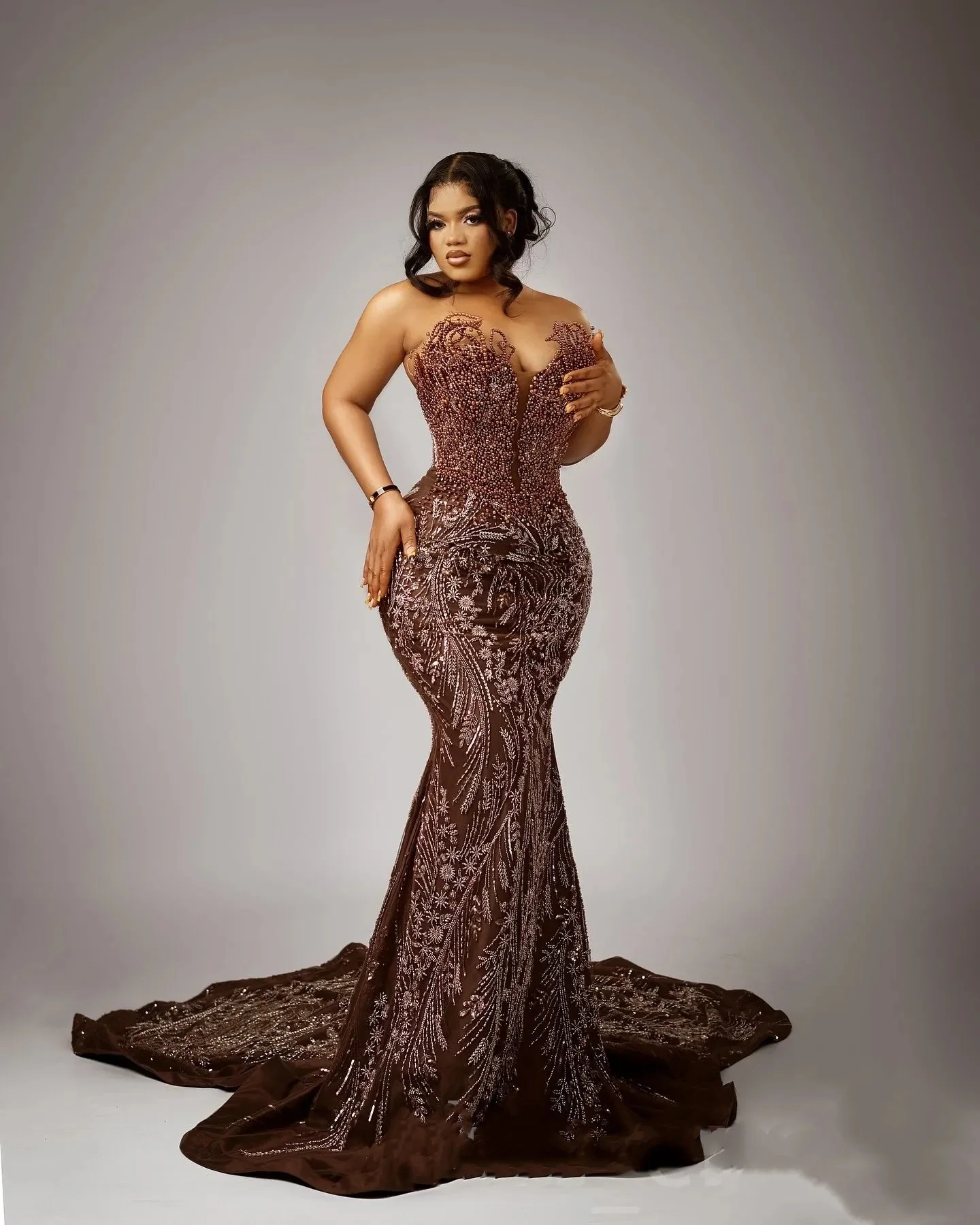

Chocolate Illusion Mermaid Prom Dresses For Special Occasions Sequined Lace Evening Formal Party Second Reception Birthday Engag