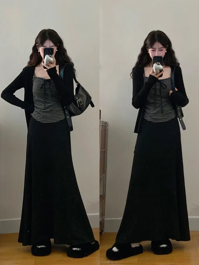 

Комплект из трех предметов: повседневный костюм в полоску больших размеров с юбкой с высокой талией, стройнящий силуэт, модный женский осенний наряд для отдыха