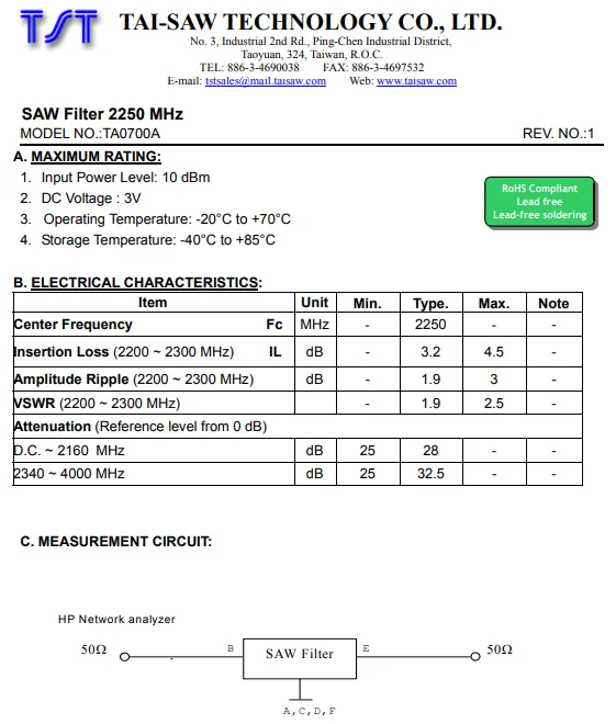 10Pcs/Lot New Original SAW Filter 2250MHz DC3V Insertion Loss 3.2dB SMD 3x3mm Surface Acoustic Wave TA0700A Code 6Z