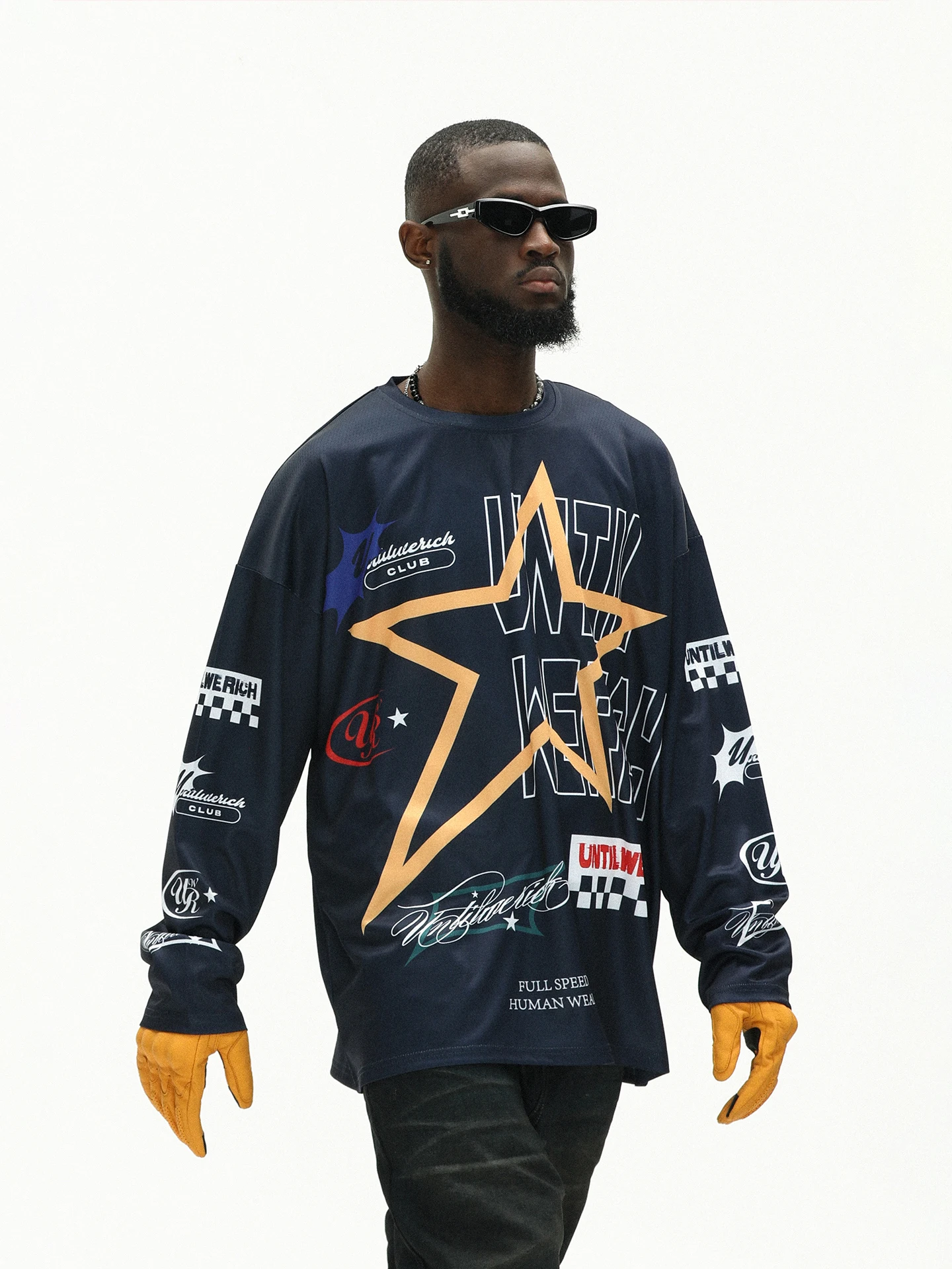 

UNTILWERICH Оригинальная ретро-футболка с длинным рукавом, круглым вырезом и принтом, спортивная футболка для мужчин, свободного кроя, из полиэфирного волокна, для занятий спортом.