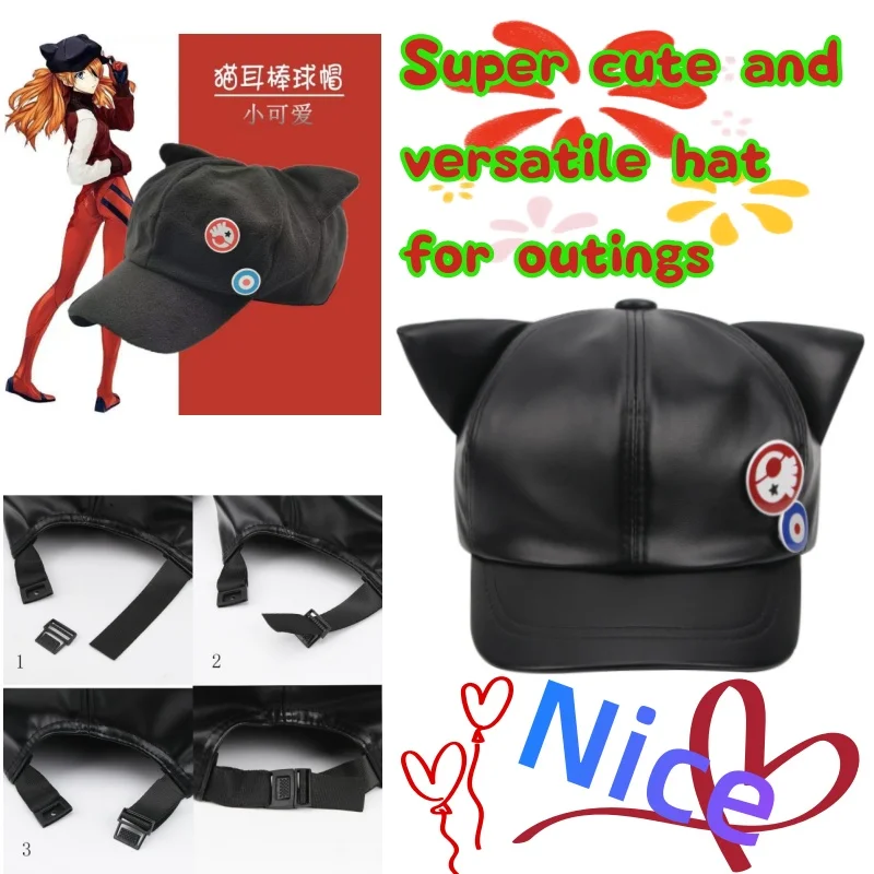 Nuevo Sombrero de Orejas de Gato de Anime EVA Asuka de Neon Genesis Evangelion para Mujer, Súper Lindo, de PU, Fresco y Versátil, Regalo