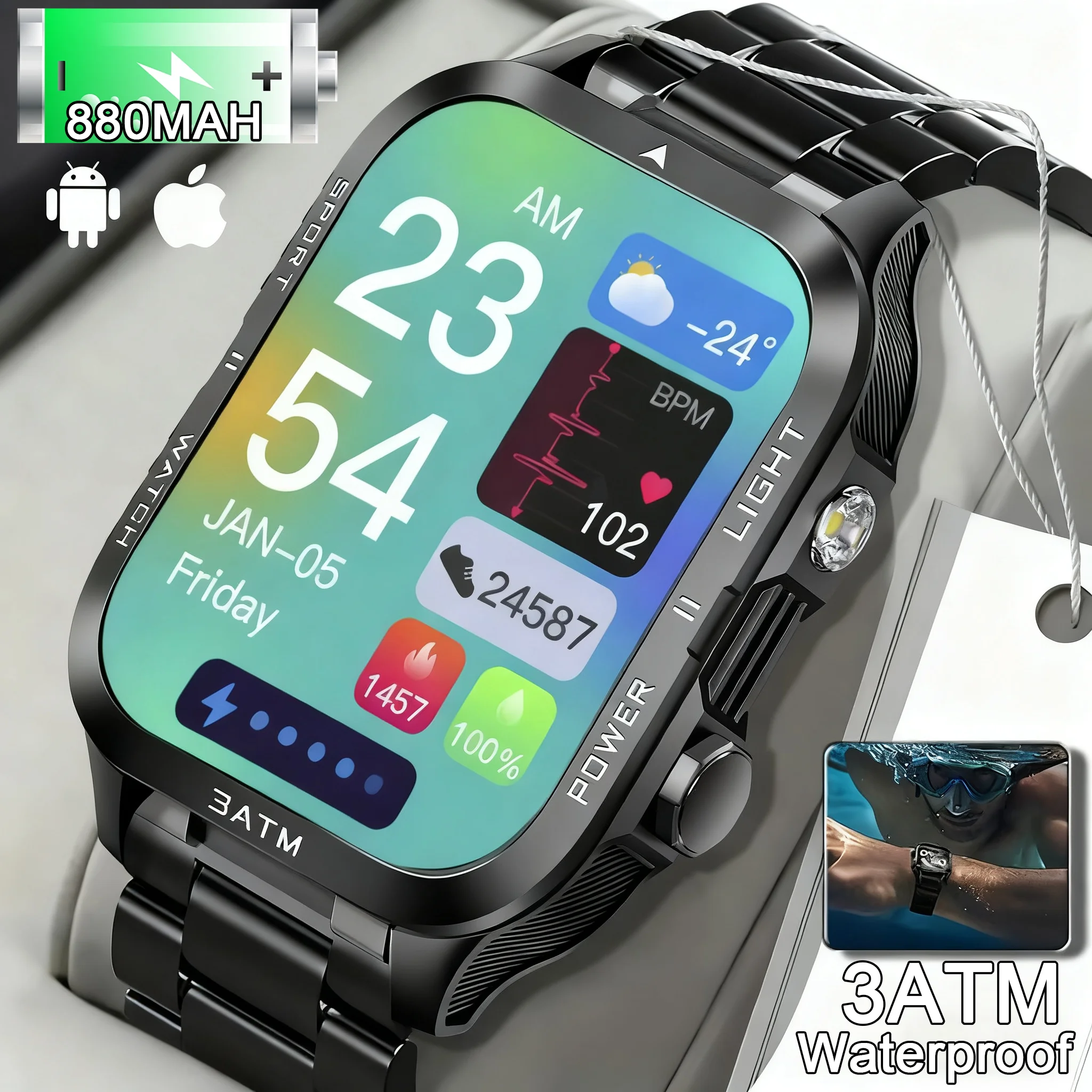 

2025 New outdoor smartwatch, men's flashlight, BT call 3ATM, waterproof smartwatch, information push, health monitor, women'