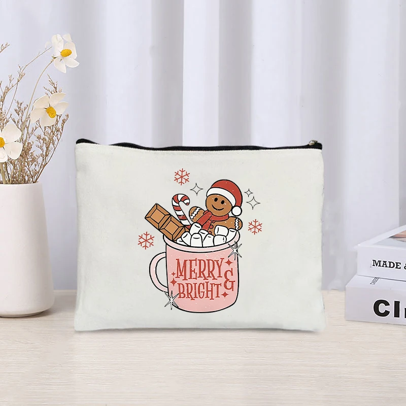 Santa Claus Tree Printed Canvas Cosmetic Bag Organizer Zipper Storage Pouch Office Supplies Pencil Case Halloween Christmas Gift