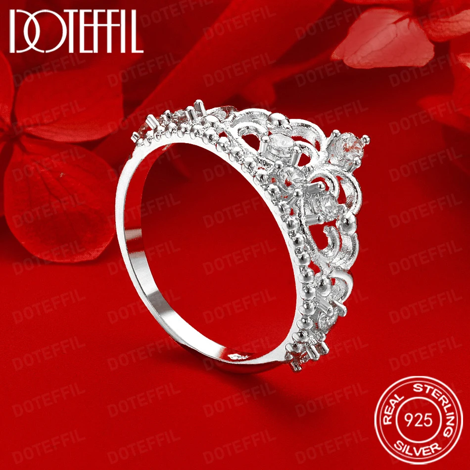 

DOTEFFIL 925 Sterling Silver Crown Ring with Shiny AAA Crystal Fashionable Jewelry Accessory for Man Woman