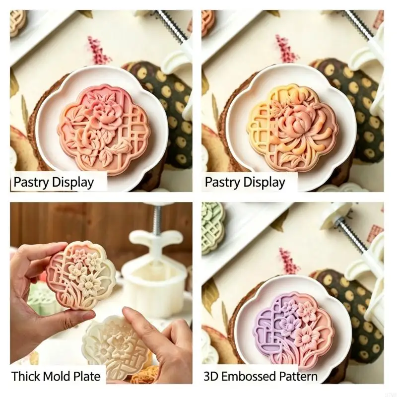 37ME Florals Relief Moon Cake Molds Set Four Interchangeable Flower Stamps with Hand Press for Home Bakery and Seasonal Pastry