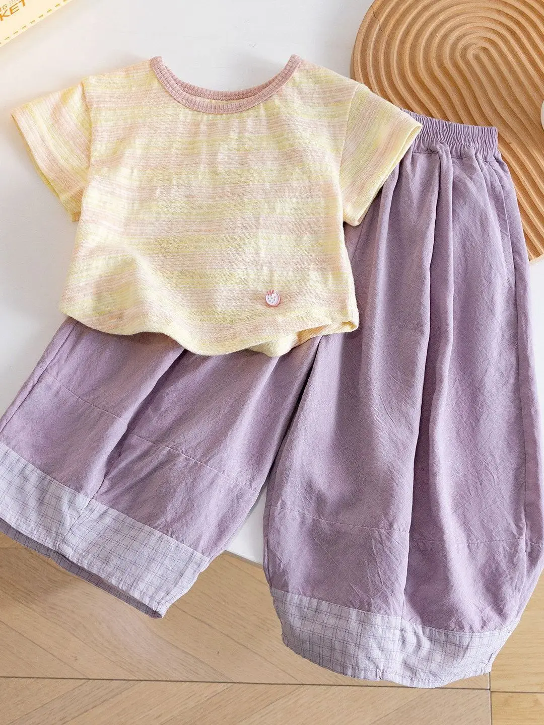 

Girls Summer Stripe Short Sleeve Two-Piece Set Sweet Straight Leg Pants Breathable Cotton Korean Style Online Exclusive