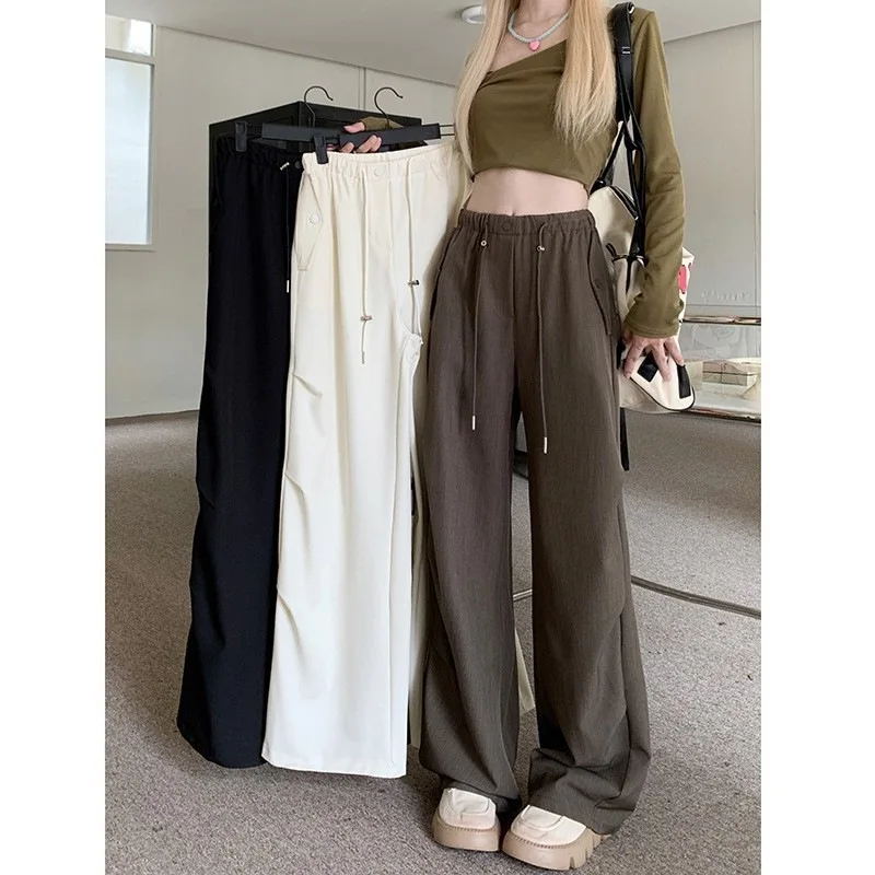 Korean Internet Celebrity Personalized Work Pants for Women with Elastic Waist Drawstring Straight Tube Casual Loose Wide Leg