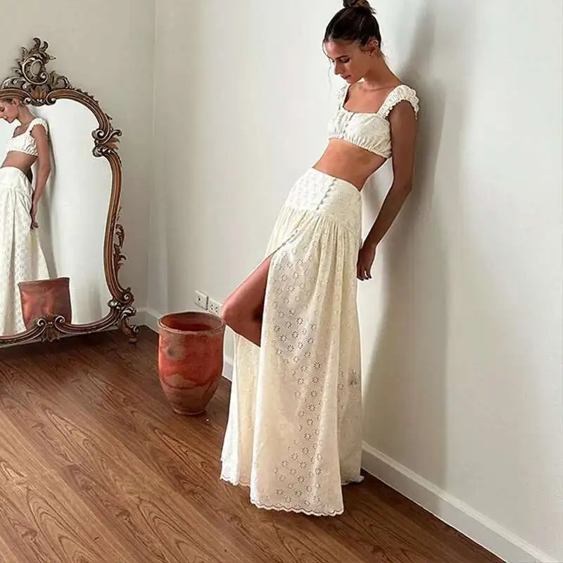 

Sexy Two Piece Set Women 2025 Summer Beach Crop Top Split Long Skirt Dress Sets Elegant Hollow Holiday 2 Piece Set Streetwear