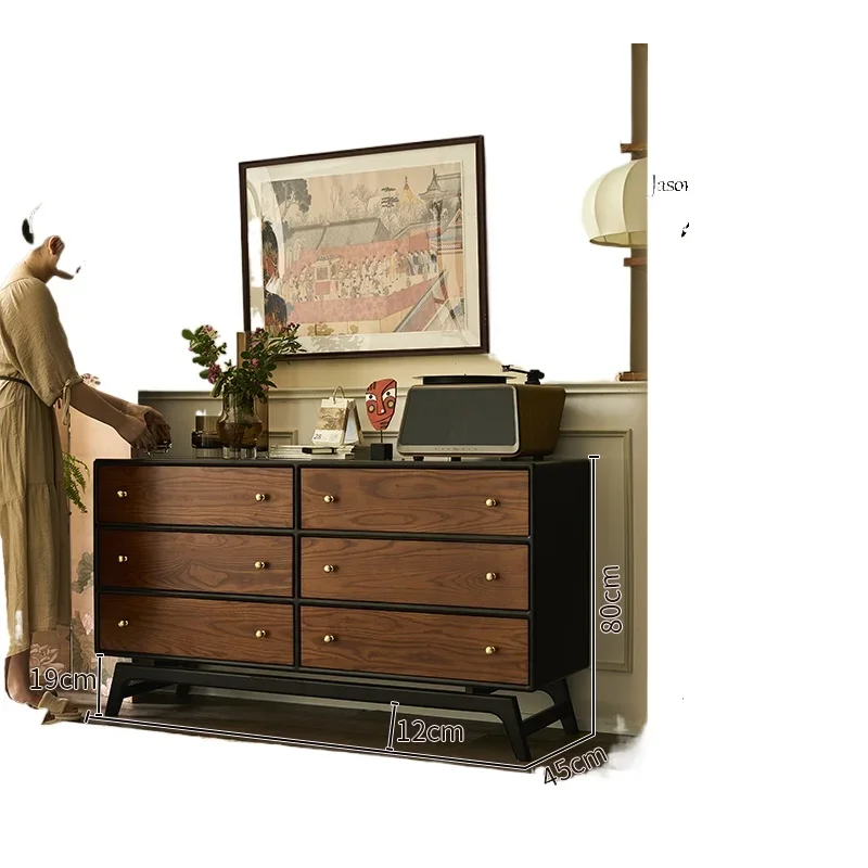 

French retro solid wood six-chest cabinet ash wood home living room storage locker