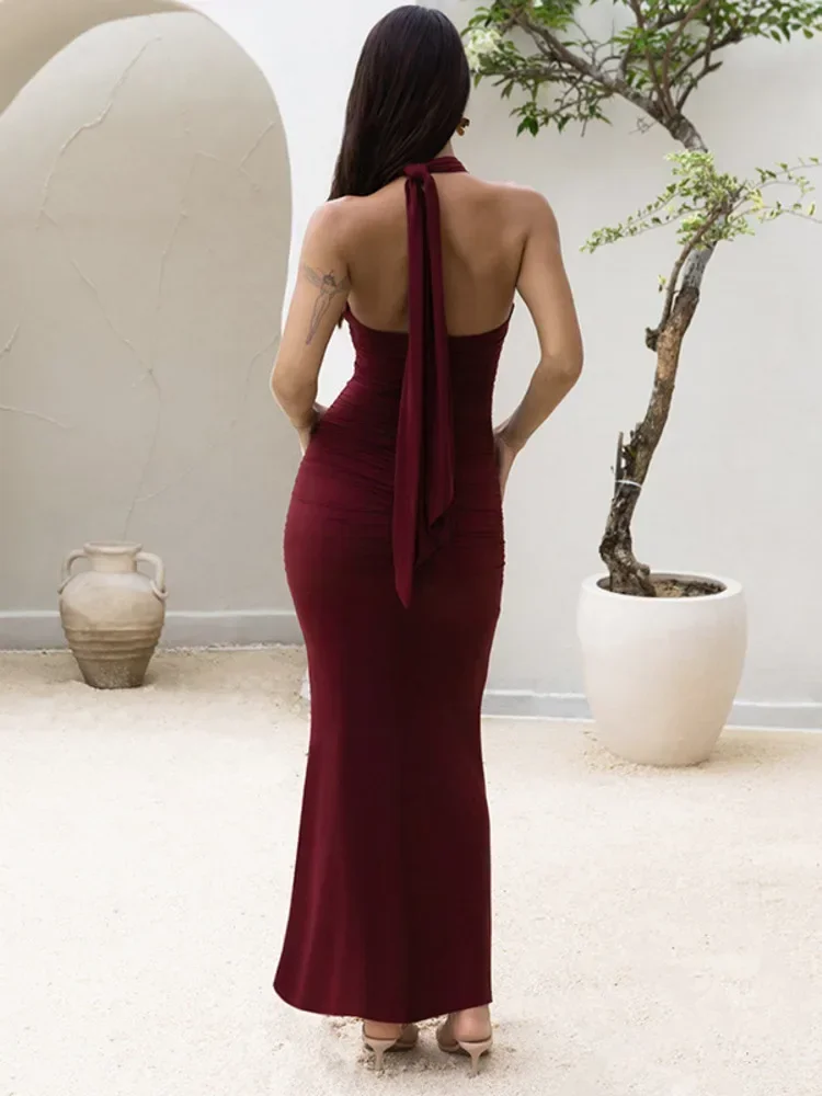 Chaxiaoa Hollow Out Halter เซ็กซี่ Maxi ชุดผู้หญิงชุดฤดูร้อนใหม่ดูผ่านตาข่ายแขนกุด Backless Bodycon Club ชุดยาว