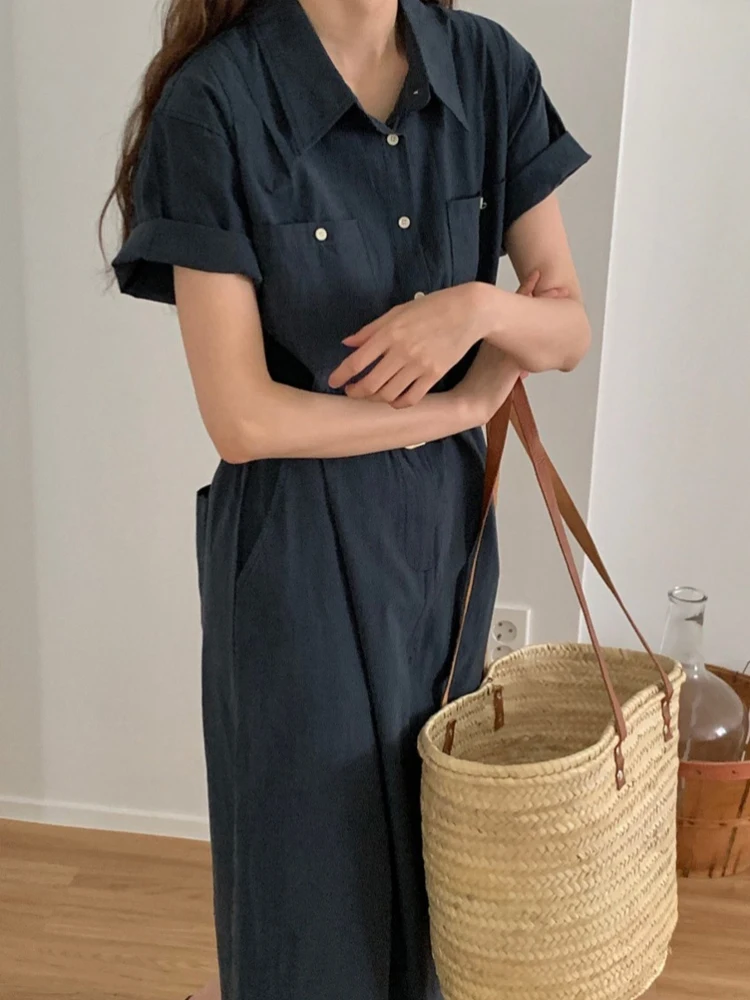 夏の新作レディースワンピース ヴィンテージカラー ダブルポケット バック スリット入り エラスティックハイウエスト Aライン ロングワンピース 韓国風 通勤