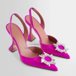 Patent Leather Glossy Pointed Toe Sun-Shaped Crystal Jewelry Inlaid Creative High-Heeled Sandals Slingback Ankle Strap Sandals