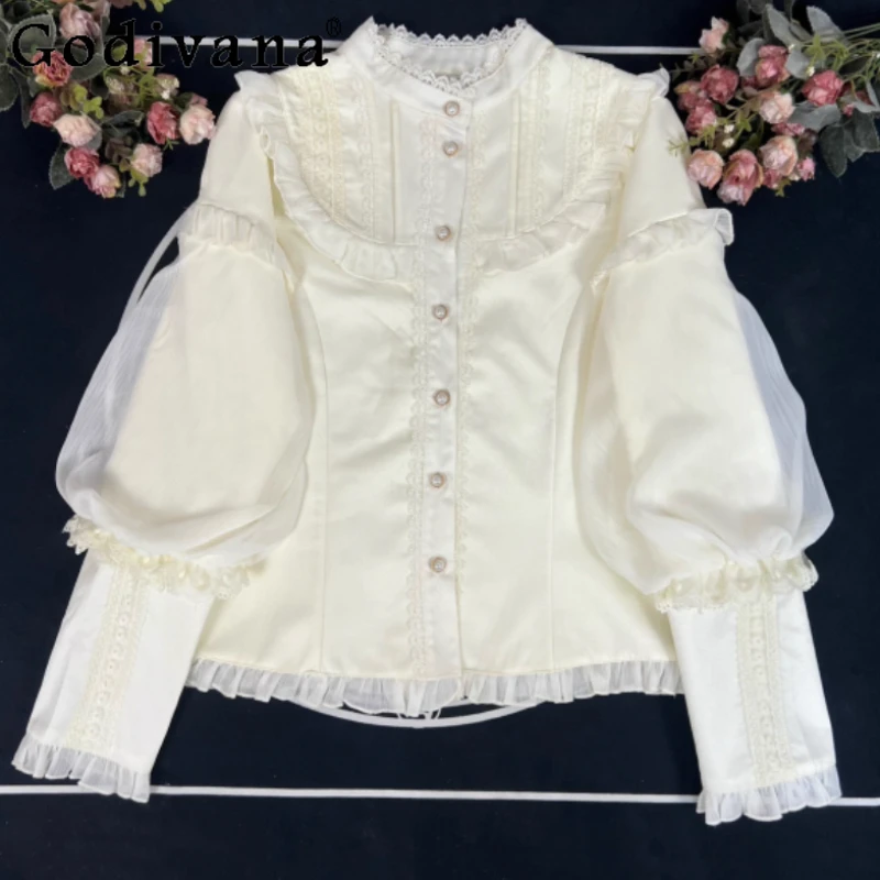 

Autumn Winter Lolita Thickened Long Sleeve Lace Stand-up Collar Shirt Women Versatile Age-reducing Fashion Chic Sweet Jk Shirts