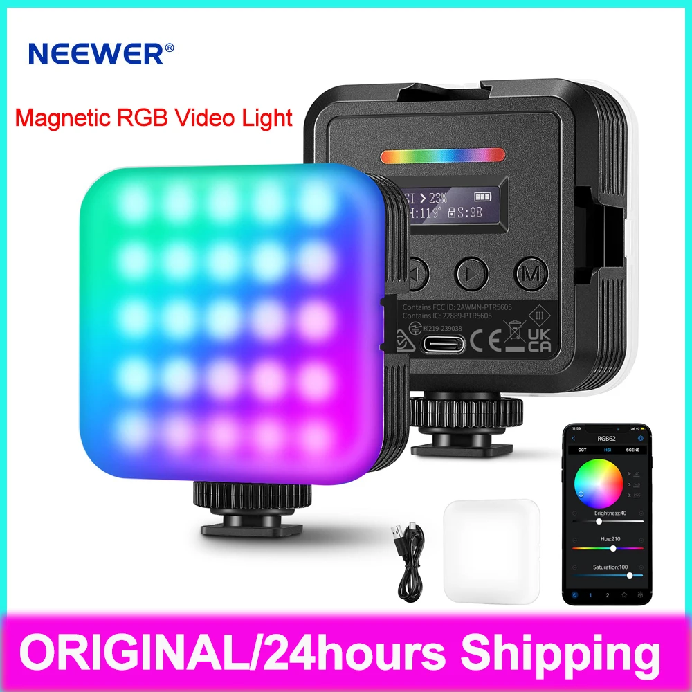 NEEWER Magnetic RGB Video Light with  APP Control Full Color LED Camera Light with 3 Cold Shoes Photography Lighting RGB61/RGB62