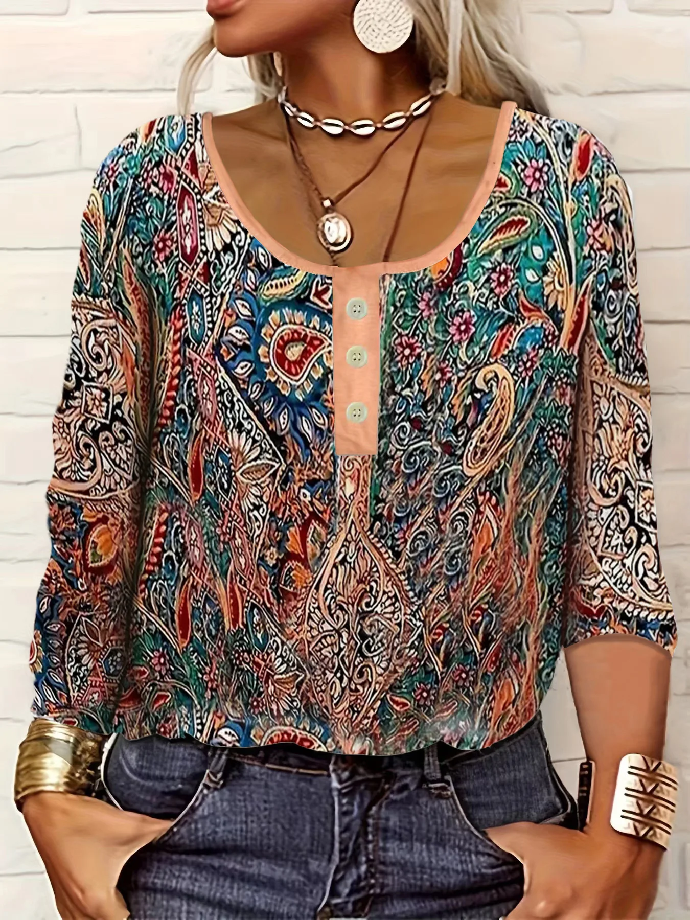 

Women Long-Sleeved O-Neck Shirt Fashion Printed Casual Blouses 2025 New Spring Autumn Vintage Ethnic Style Femme Tops Plus Size