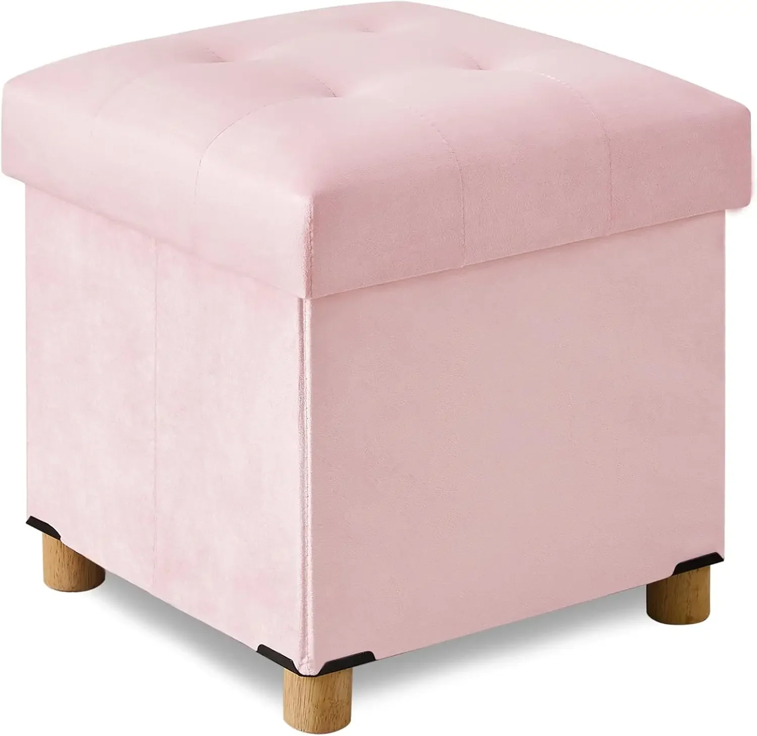 

15 Inch Pink Storage Ottoman Cube with Wood Legs for Living Room Bedroom Dorm