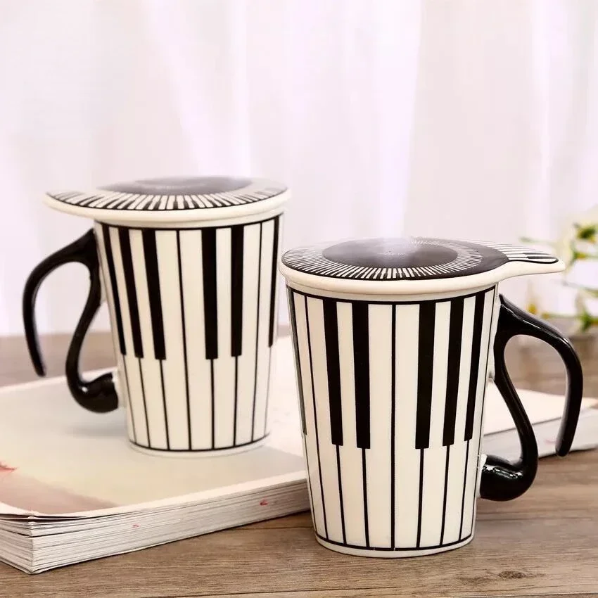 Creative Ceramic Mug, with Cup Lid Coffee Mugs, Piano Musical Note Tea Cup, Travel Cups Breakfast Milk Cup, Water Bottle Gift 4