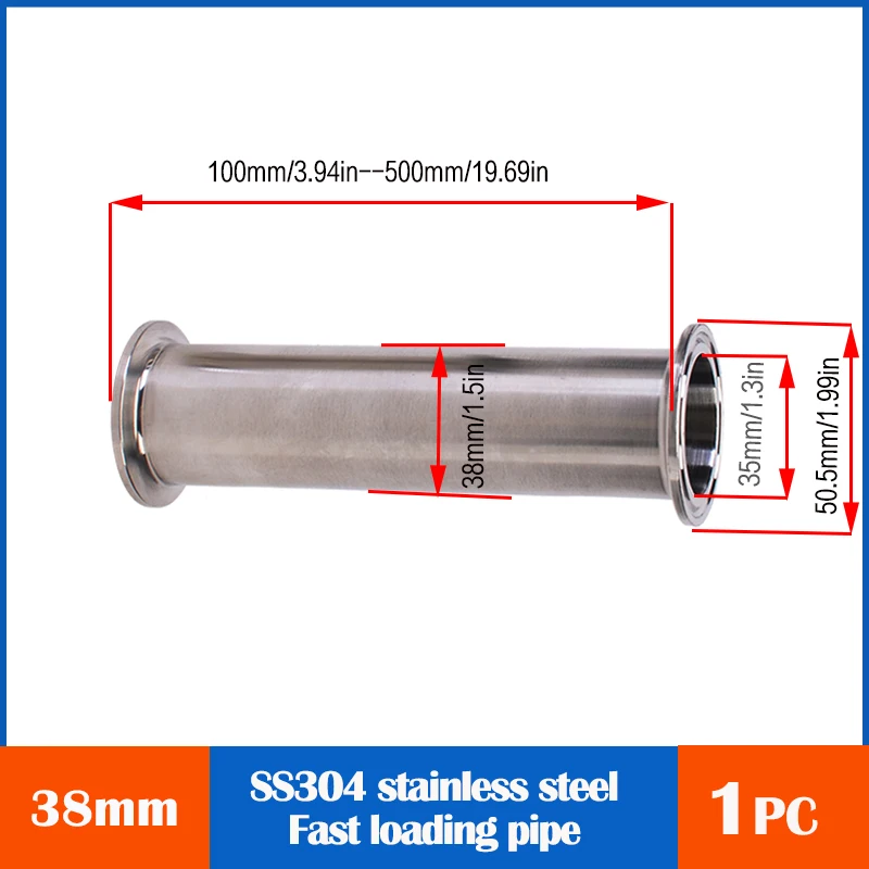 304 stainless steel downpipe polished 38mm length 100-500mm, flange three leaf clamp