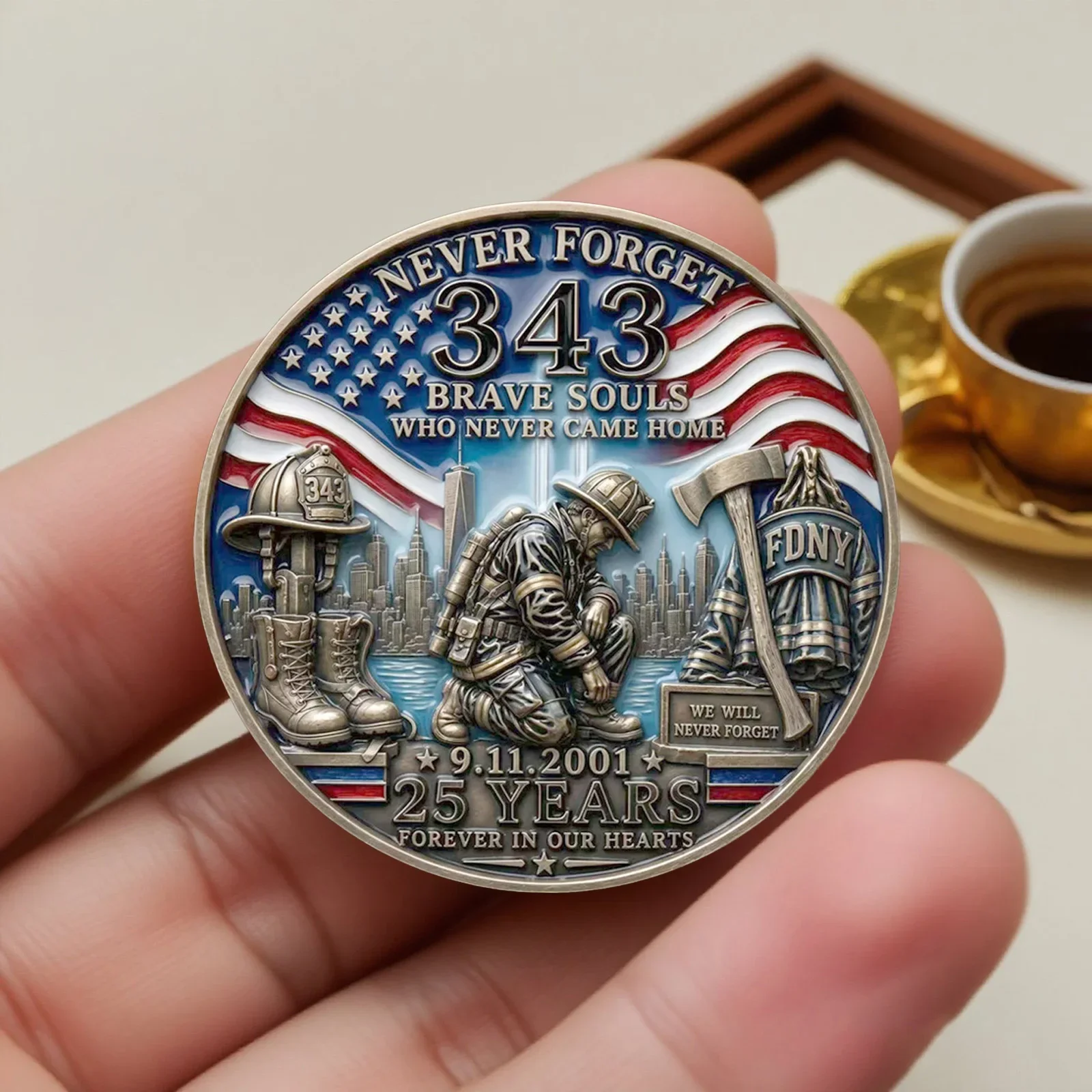 9/11 25. Jahrestag 343 Gefallene Feuerwehrleute Bronzebeschichtete Gedenkmünze Nie Vergessen WTC Tribut-Souvenir-Münze Heimdekoration – Detail 7