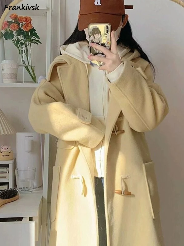 

Hooded Blends Women Autumn Winter Loose Long Sleeve Horn Button Students Classic Slouchy Aesthetic Popular Stylish British Style