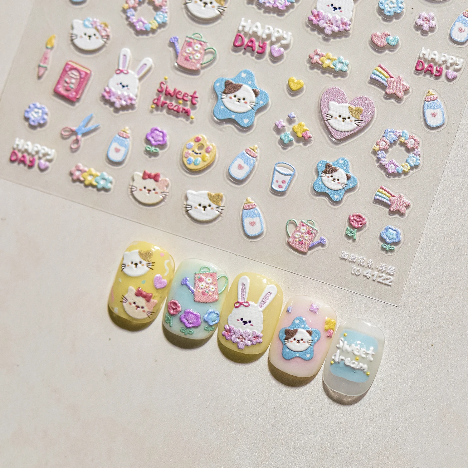 1 個 5D パステルかわいいウサギのネイルステッカー弓ディテールマニキュアアクセサリー自己粘着スイートデイリースタイリングガーリーステッカー