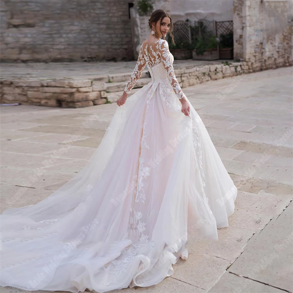 Vestidos De novia De manga larga con cuello redondo, Vestidos De novia brillantes con espalda descubierta, línea A, longitud para fregar, Vestidos De novia personalizados