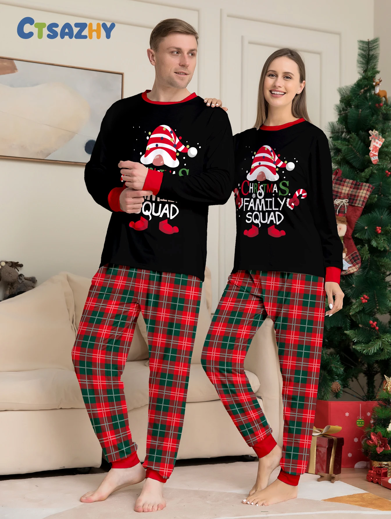 

Christmas Couple Pajamas Set - Long Sleeve Black Gnome Print & Red Plaid Pants Sleepwear