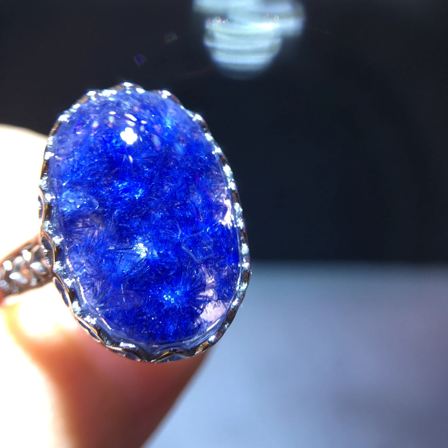Natural Blue Rutilated Flower Adjustable Ring 17.6/13.3mm Woman Men Ring Rutilated Jewelry AAAAAAA
