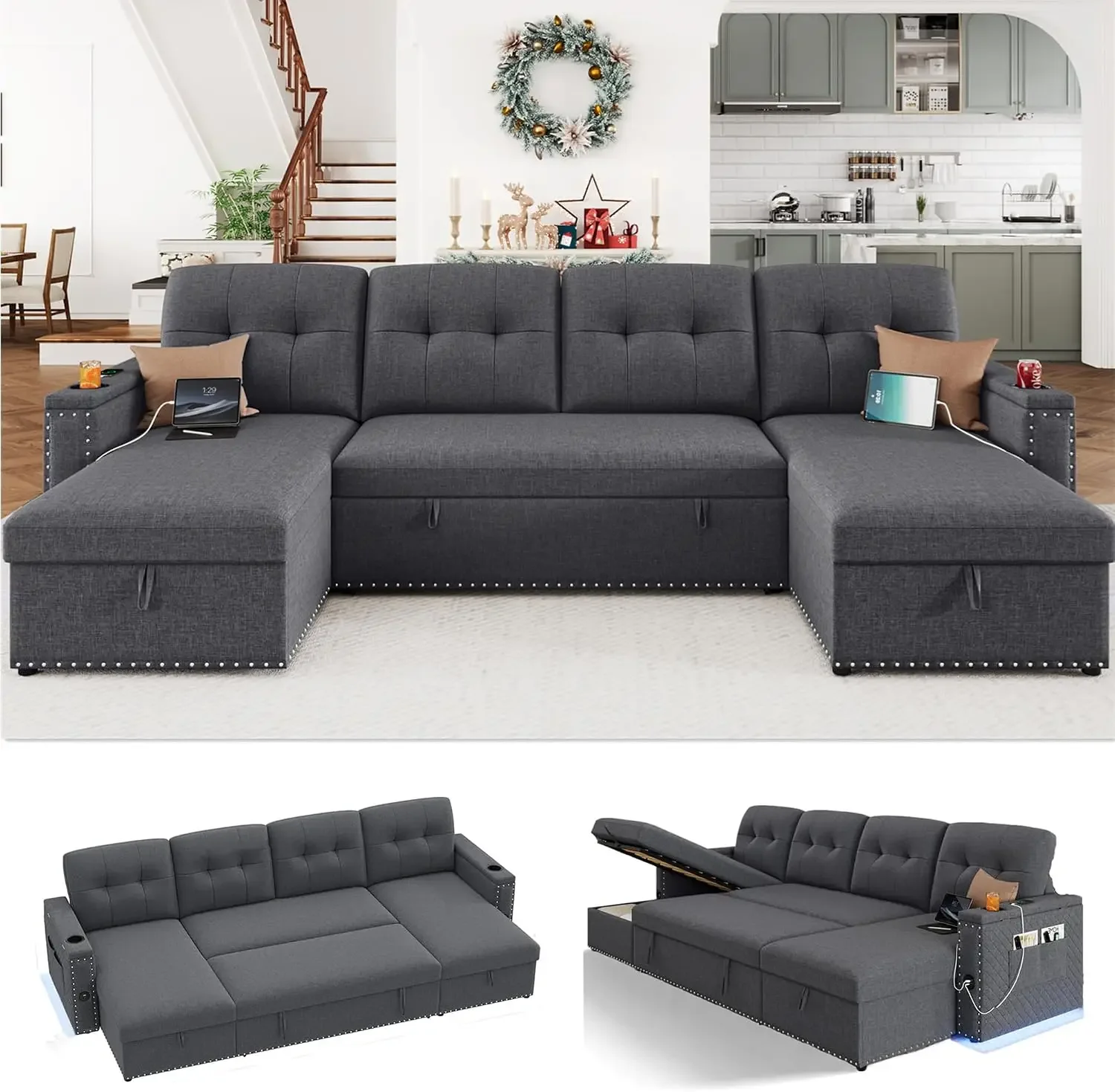 Grey U Shaped Sleeper Sofa With Storage Chaise LED Light USB Port Cupholder Linen Living Room Furniture
