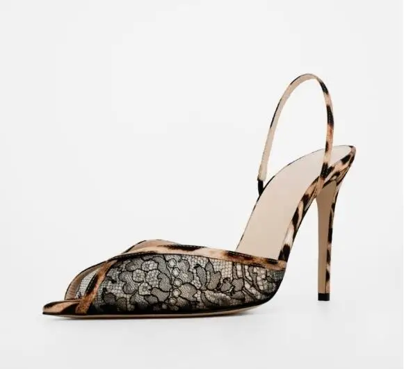 

Черные кружевные леопардовые лоскутные летние сандалии с острым носком и открытой пяткой, женские туфли-лодочки на тонком каблуке с эластичной лентой сзади