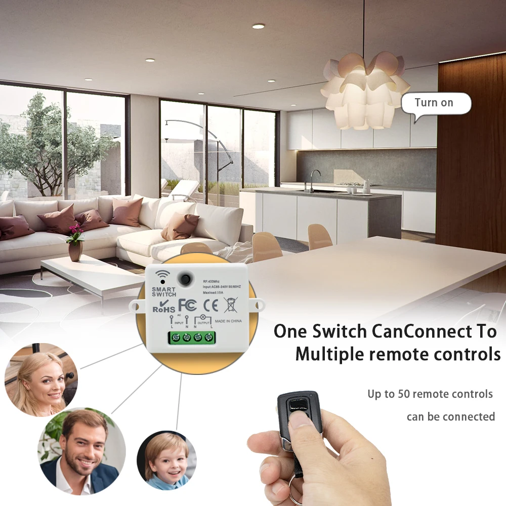AC 220V 110V 10A Smart Switch 433MHz RF Wireless Relay Receiver Mini Wall Panel Module For Lamp light