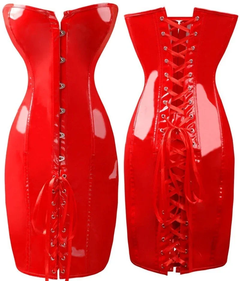 PVC Leather Corset Dress Sexy Women Gothic Punk Long Strapless Torso Bustier Body Slim Club Wear Vinyl Latex Mini Dress Corselet